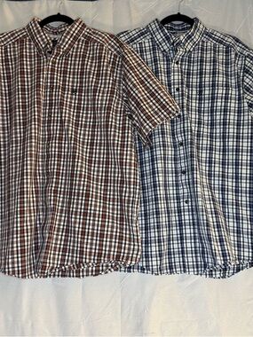 Ariat TWO Short-Sleeve Plaid Button-Down Shirts - Blue & Brown Pair